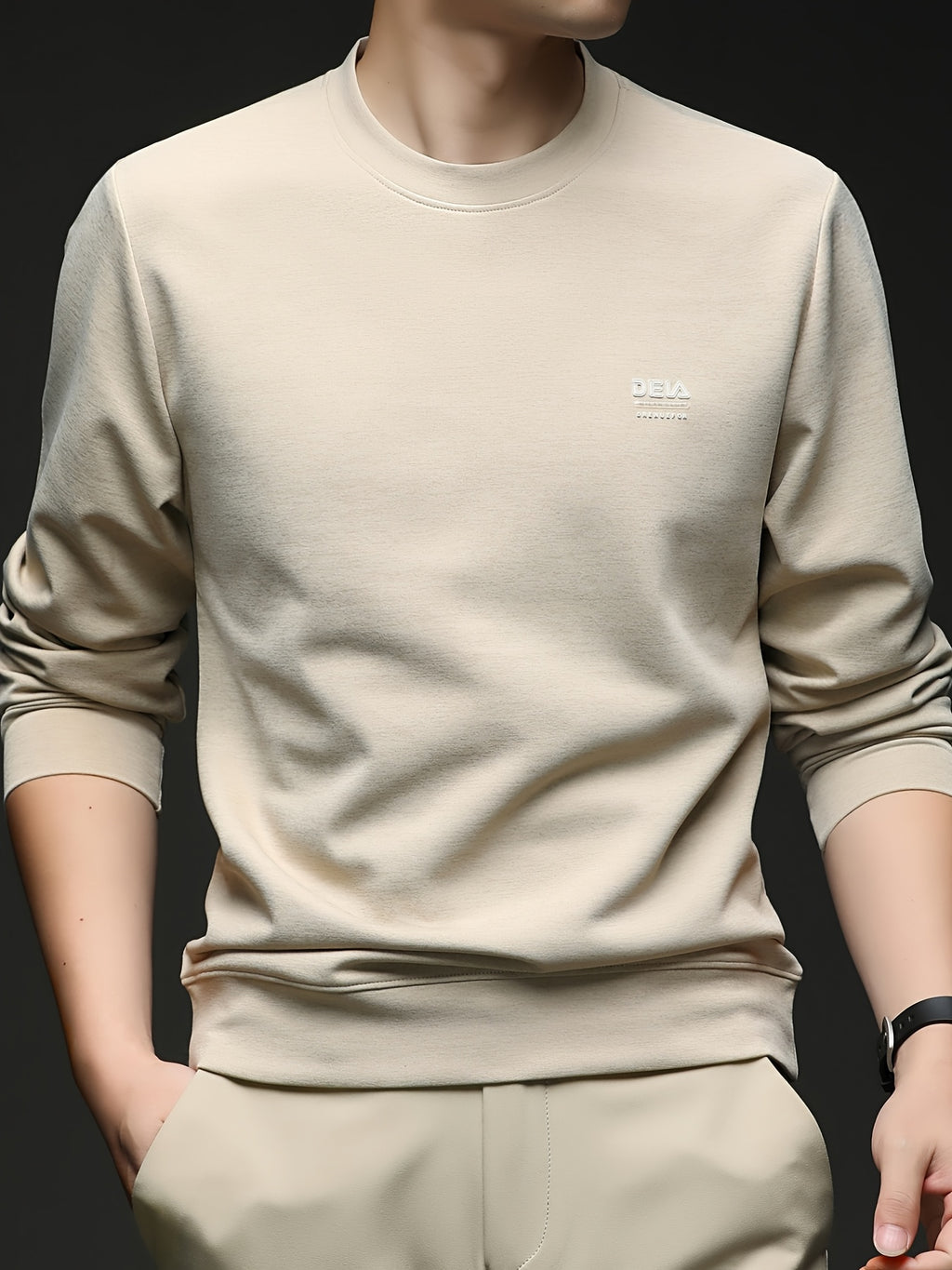 [Saa Xing OBM] 1pc Spring/Autumn New Men'S Sweatshirt, Solid Color Round Neck Long Sleeve Men'S Business Casual Fashion Breathable All-Match Pullover Base Layer Top, Suitable for Spring And Autumn, Single Wear Or Inner Layer, Fits Daily And Casual - Khaki