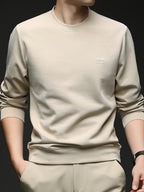 [Saa Xing OBM] 1pc Spring/Autumn New Men'S Sweatshirt, Solid Color Round Neck Long Sleeve Men'S Business Casual Fashion Breathable All-Match Pullover Base Layer Top, Suitable for Spring And Autumn, Single Wear Or Inner Layer, Fits Daily And Casual - Khaki
