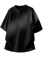 Men's Summer Small Henley Collar Two-Button Three-Dimensional Darted Cut Short Sleeve T-Shirt, Unisex Loose Raglan Curved Hem Top - Black