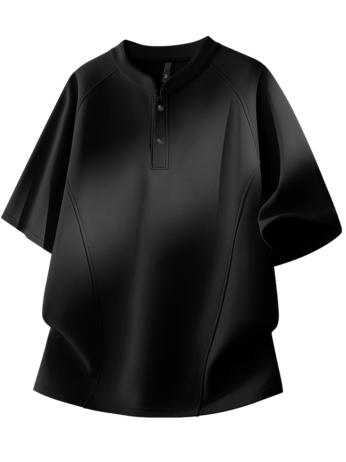 Men's Summer Small Henley Collar Two-Button Three-Dimensional Darted Cut Short Sleeve T-Shirt, Unisex Loose Raglan Curved Hem Top - Black