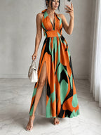 New French-Style Casual Elegant Sexy High-End Design V-Neck Backless Spaghetti Strap Waist-Revealing A-Line Slit Sleeveless Long Dress, Red and Green Floral Print, High-Quality Exquisite Women's Clothing - Light Green