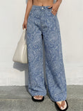 American Blue Printed Denim Wide-Leg Pants Women'S High-Waist Casual Loose Straight Long Trousers - Blue