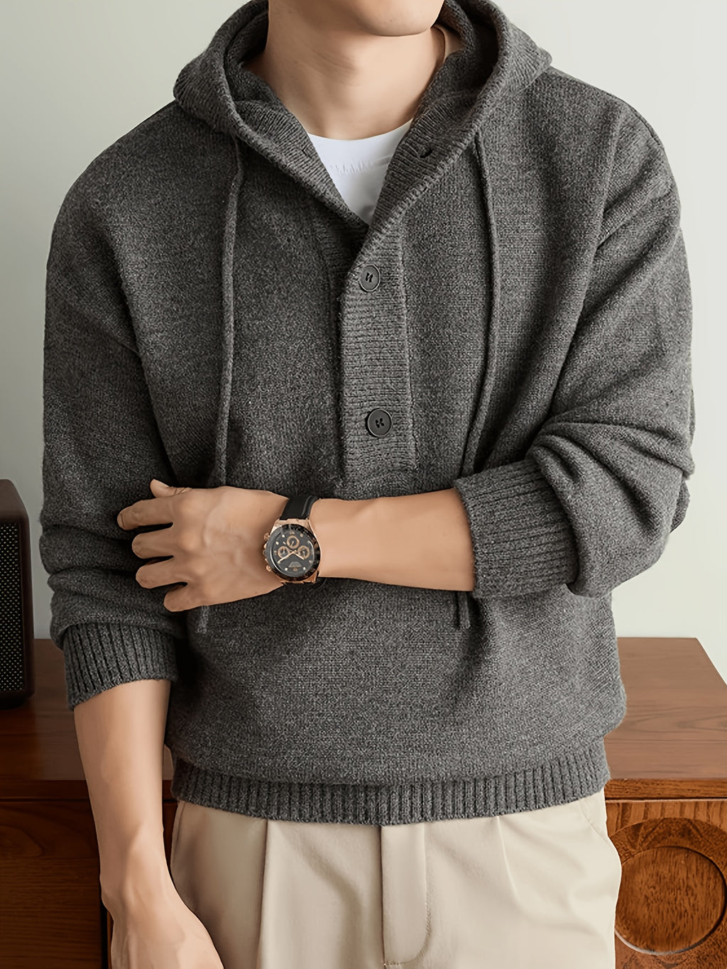 Men'S Hooded Henley Knit Pullover Sweater, Half-Button Drawstring Long Sleeve Ash Gray Solid Color Sweater, Soft Warm Regular Fit Casual Top, Men'S Commute Fall Winter Wear - Deep Gray