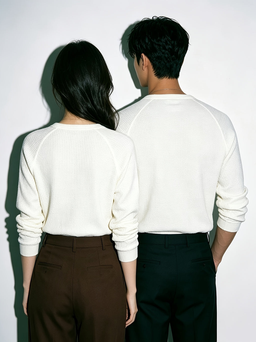 2pcs Matching Couple's Waffle Knit Long-Sleeve Henley T-Shirts, Raglan Sleeve Half-Button Placket Crew Neck Pullover Tops, Soft Stretchy Breathable Loose Fit Casual Basic Base Layers, Korean Minimalist Style Suitable for Dates, Daily Commutes - White+white