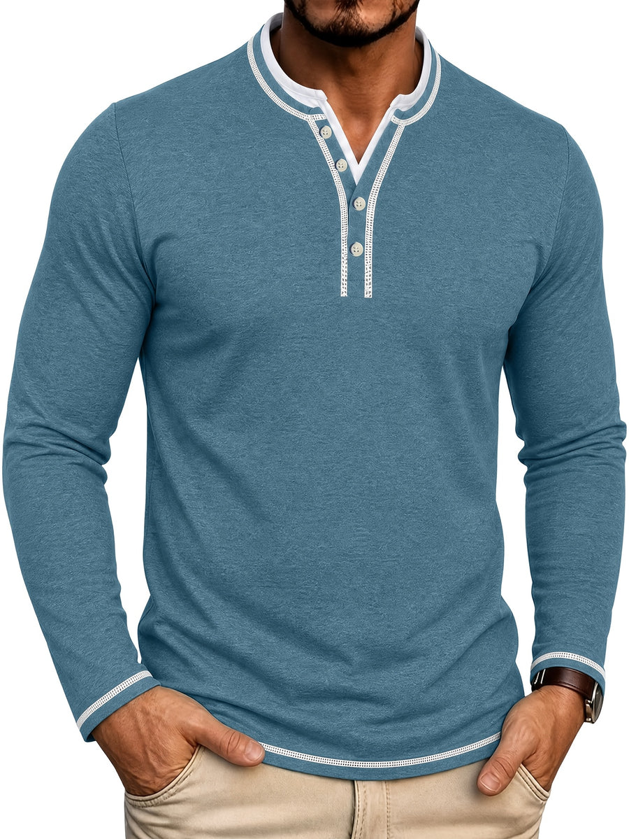 Cross-Border Men's Long Sleeve Crew Neck T-Shirt 2-in-1 Look Henley Shirt European and American Men's Pullover Top Base Layer Shirt - Blue