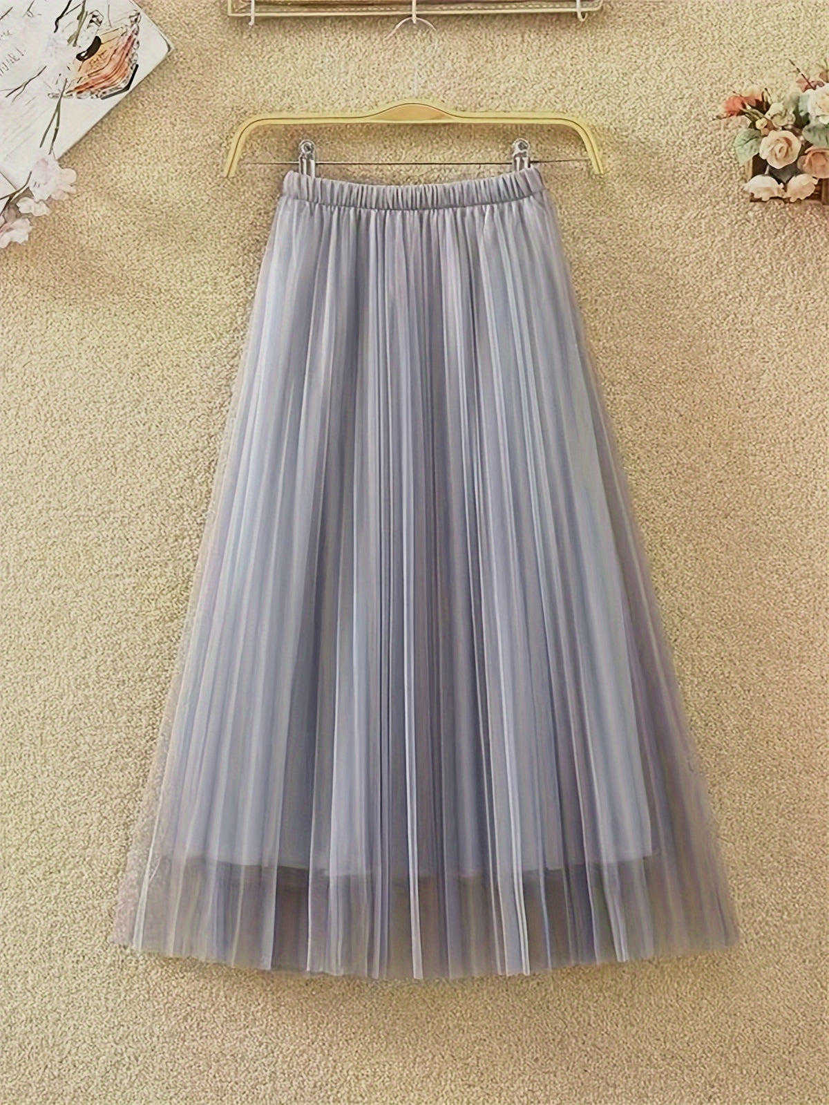 Mesh Skirt Women'S Spring And Autumn Korean Style Temperament A-Line Covering Hip Pleated Skirt Drape Small Person Yarn Skirt - Light Grey