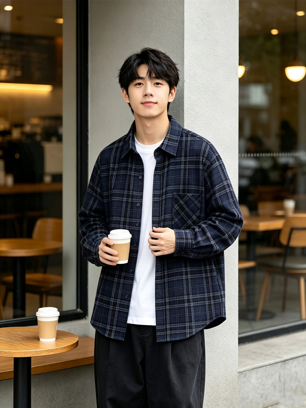Men'S Spring Fall Layering Plaid Shirt, Poly Navy Loose Collared Commute Casual Long Sleeve Top - Purplish Blue