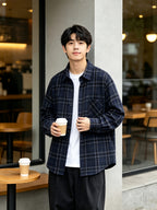 Men'S Spring Fall Layering Plaid Shirt, Poly Navy Loose Collared Commute Casual Long Sleeve Top - Purplish Blue