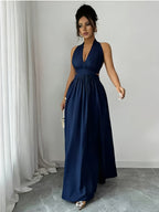 Women's Elegant Navy Blue Halter Backless Bridesmaid Dress - Deep V-Neck Wedding Dress with Shirred Waist & Elastic A-Line Hem, Machine Washable Suitable for Banquet, Party, Prom, Special Occasions, Non- Solid Color - Navy Color