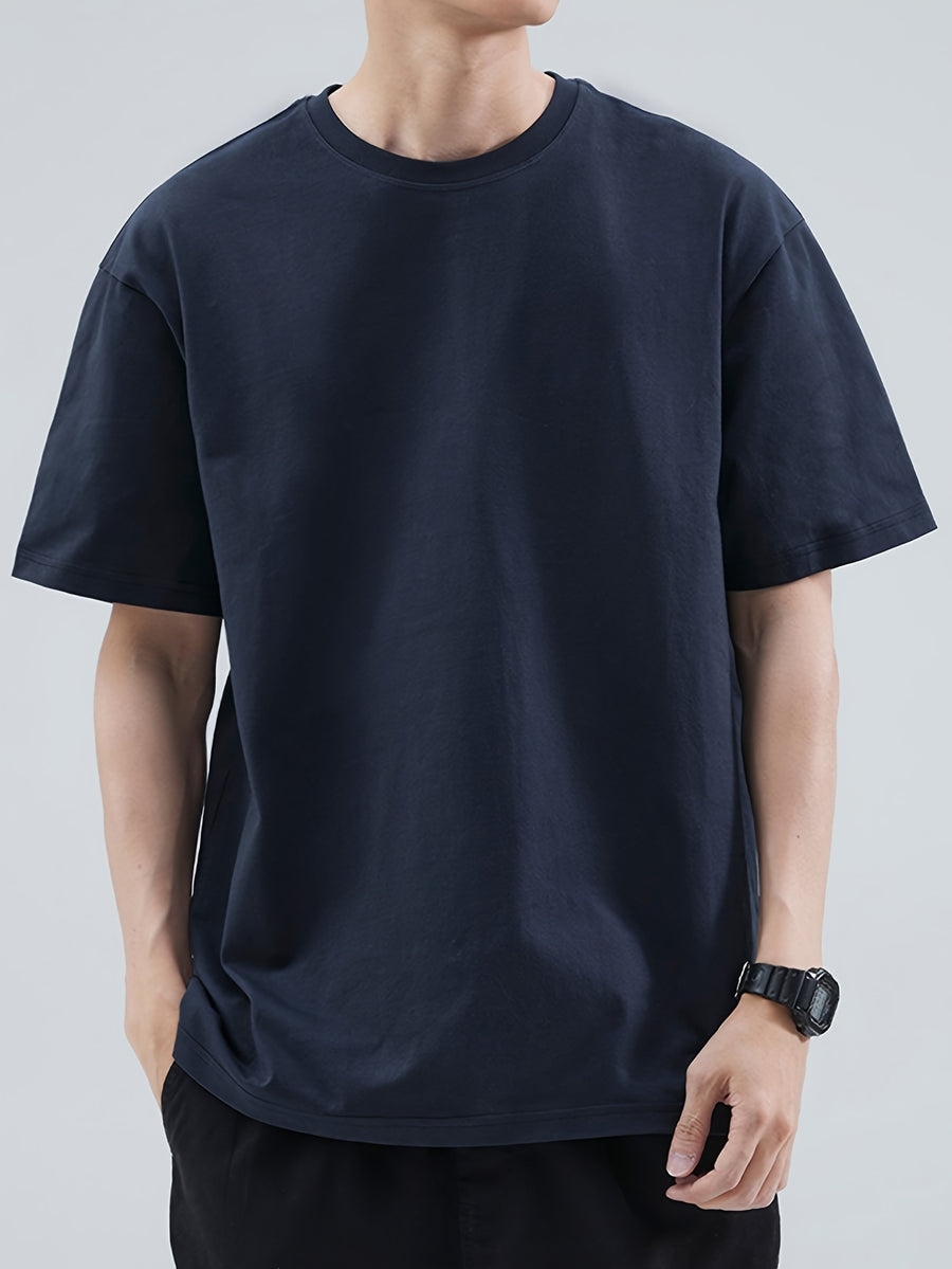 Men's Basic Round-neck Pure Short-sleeve T-shirt, Unisex Essential for Daily Casual Wear, Breathable and Soft - Navy Color