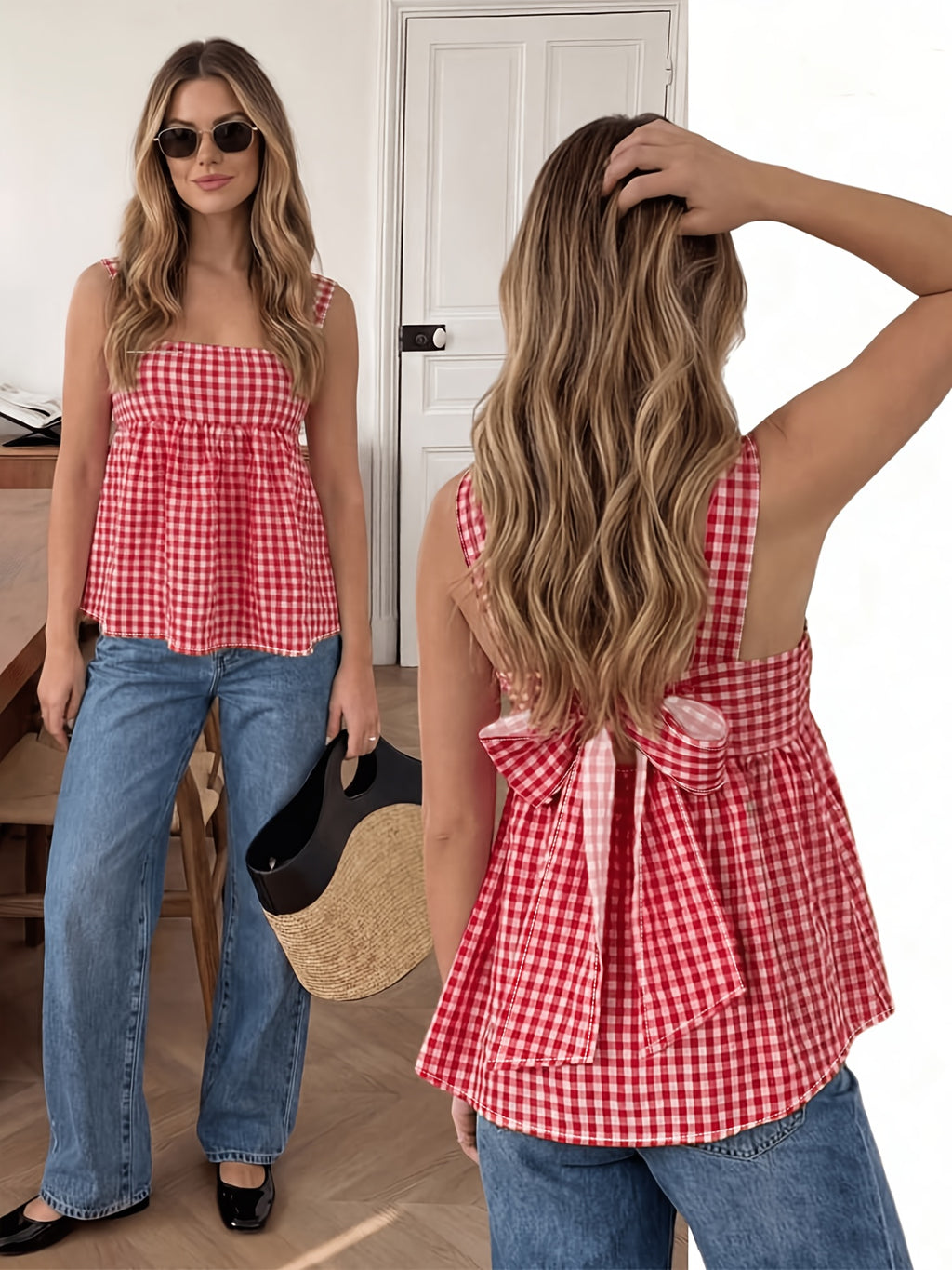 Women'S Elegant Fashion Plaid Square Neck Camisole with Back Bow Waist Tie A-Line Flared Sleeveless Top Suitable for Vacation, Date, Travel, Party, Gathering, Commute, Daily Wear, Outing - Mixed colors