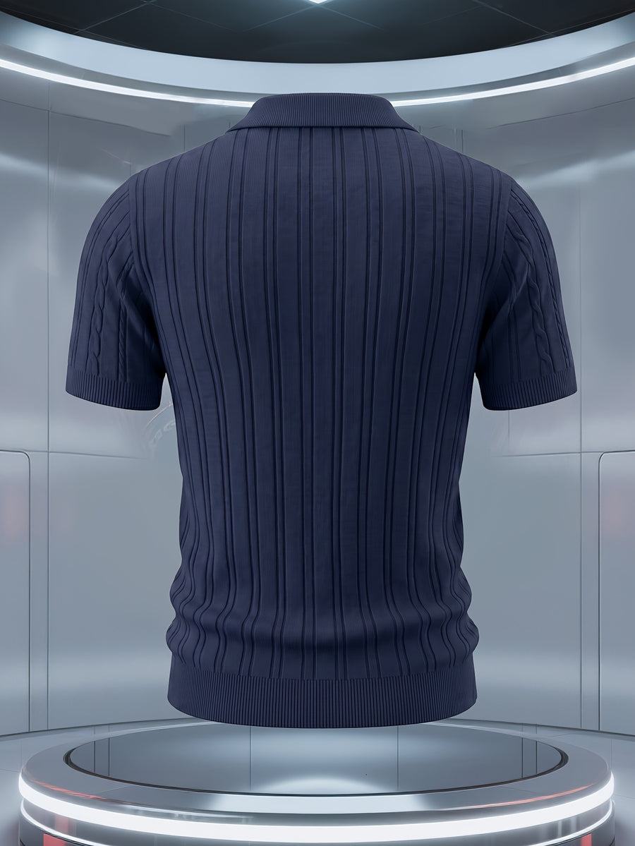 Men'S Knit Sweater Short Sleeve Polo Shirt, Light Luxury Business High Quality Cable Knit Vertical Stripes Heavy Craft Slimming Texture Fashion Easy Handsome Exquisite Workmanship Dating Party Outdoor High-End Places All Suitable Golf Polo Shirt Kni - Sea Blue