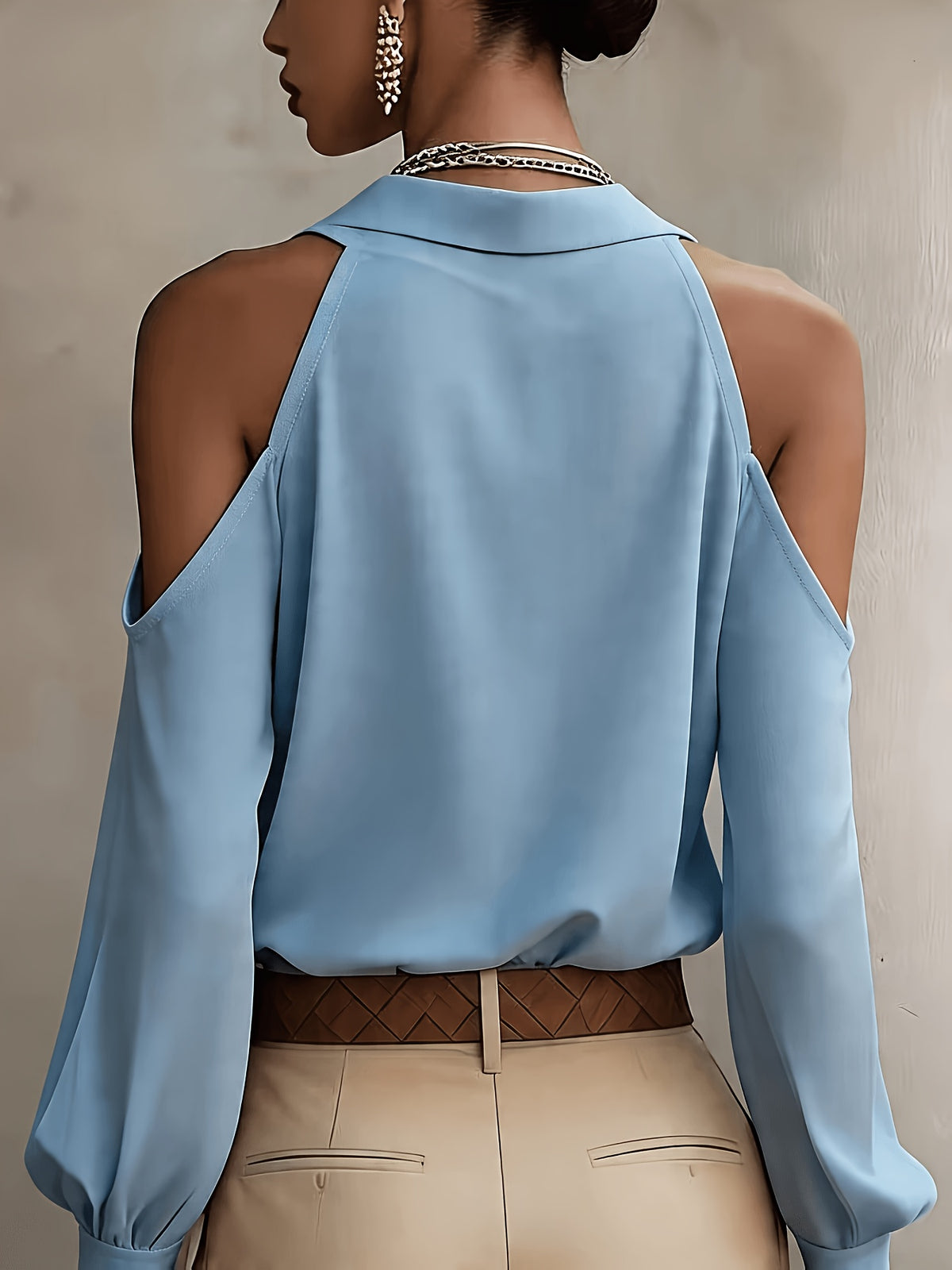 Women's Elegant Top, Summer Off-Shoulder Solid Color Blouse, for Commuting, Dating, and Daily Versatile Wear, with Lapel Collar and Buttons, Solid Color Long Sleeve Shirt ASD1 - Deep Sky Blue