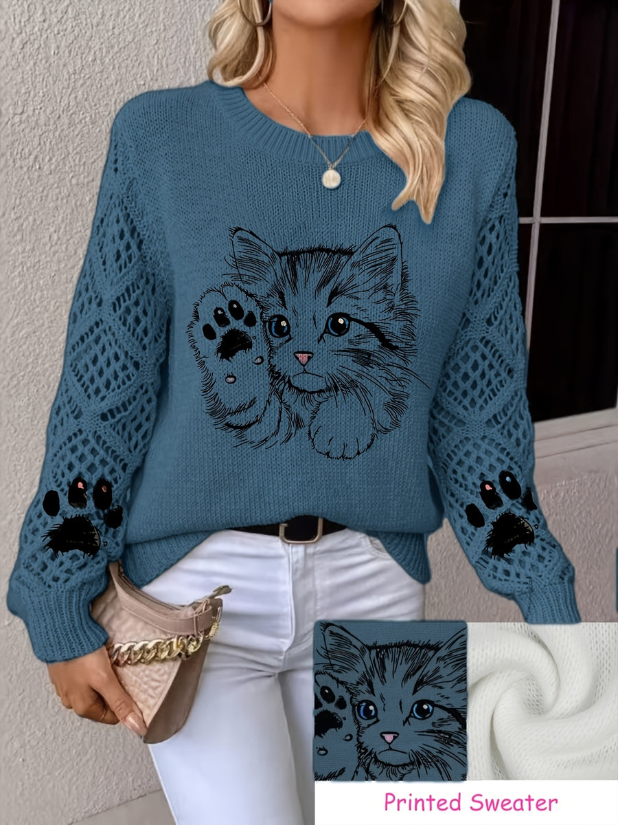 Vintage Cat Paw Print Hollow-Out Long Sleeve Round Neck Sweater, Casual Lazy Style Sweater Top. Non-shrink, Colorfast, Moderate Thickness Sweater. Suitable for All Seasons as Outerwear or Innerwear, Casual Outings, Home Office. Fashionable and - Navy Color