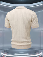 Short Sleeve Knit Sweater 2026 Spring/Summer New Arrival Cable Knit Lapel Slimming Pullover Top, Vertical Stripes with Intricate Cable Knit Slimming Texture, Light Luxury Business High-Quality Style, Fashionable, Simple, and Handsome - Apricot