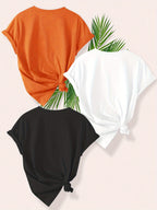 Smiling Letter Small Flower Series 3pcs Mixed Pack, Family Pack, Sisters Pack, Printed Fashion Vintage Style Women's Summer Casual Sporty Style Round Neck Short Sleeve T-Shirt, Multiple Colors Available, Sizes S-XXL - Black And White Orange