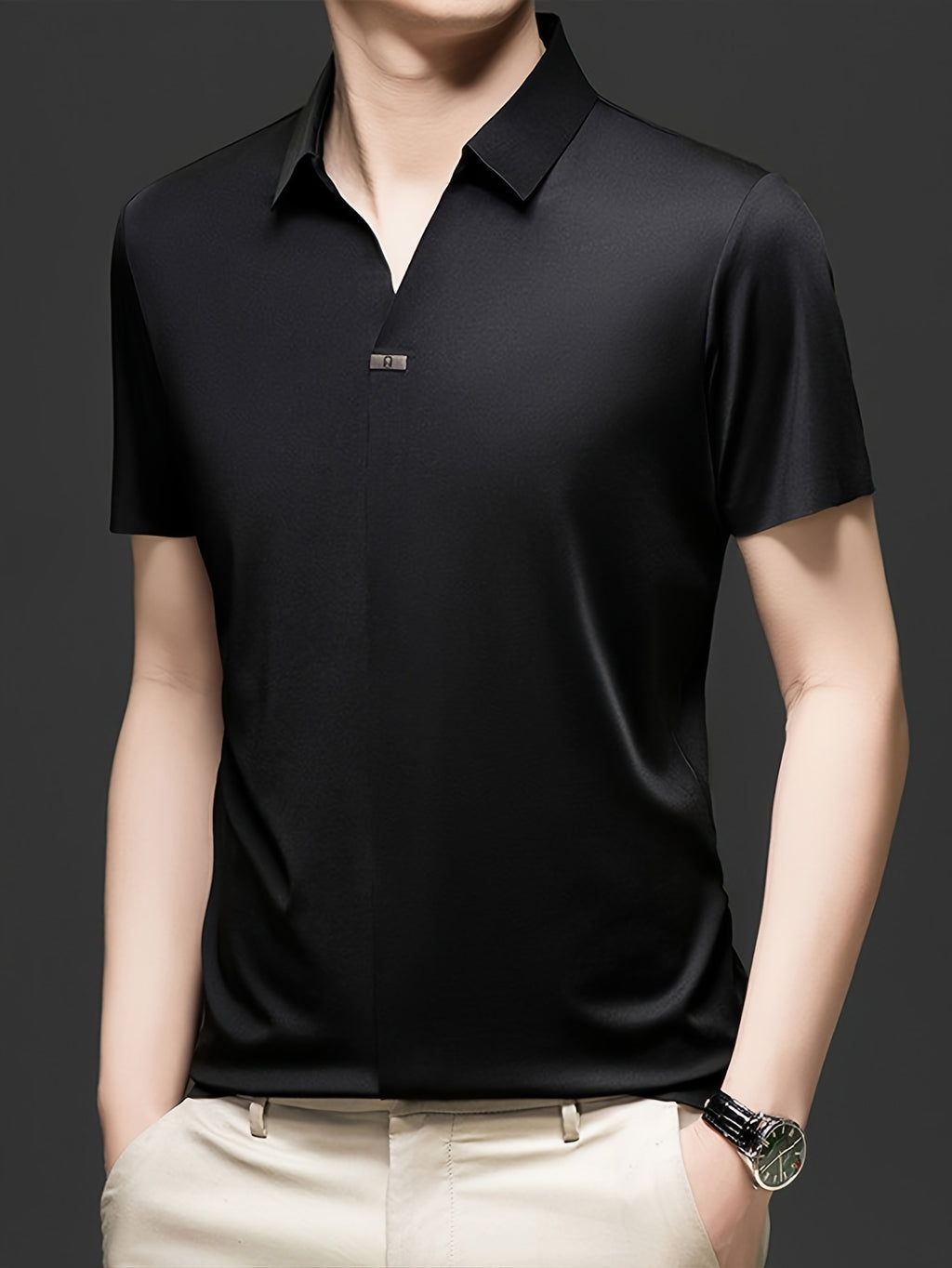 Summer New Men'S Short Sleeve Shirt Outerwear Fashion Trendy All-Match V-Neck Polo Collar - SINBOS - Black