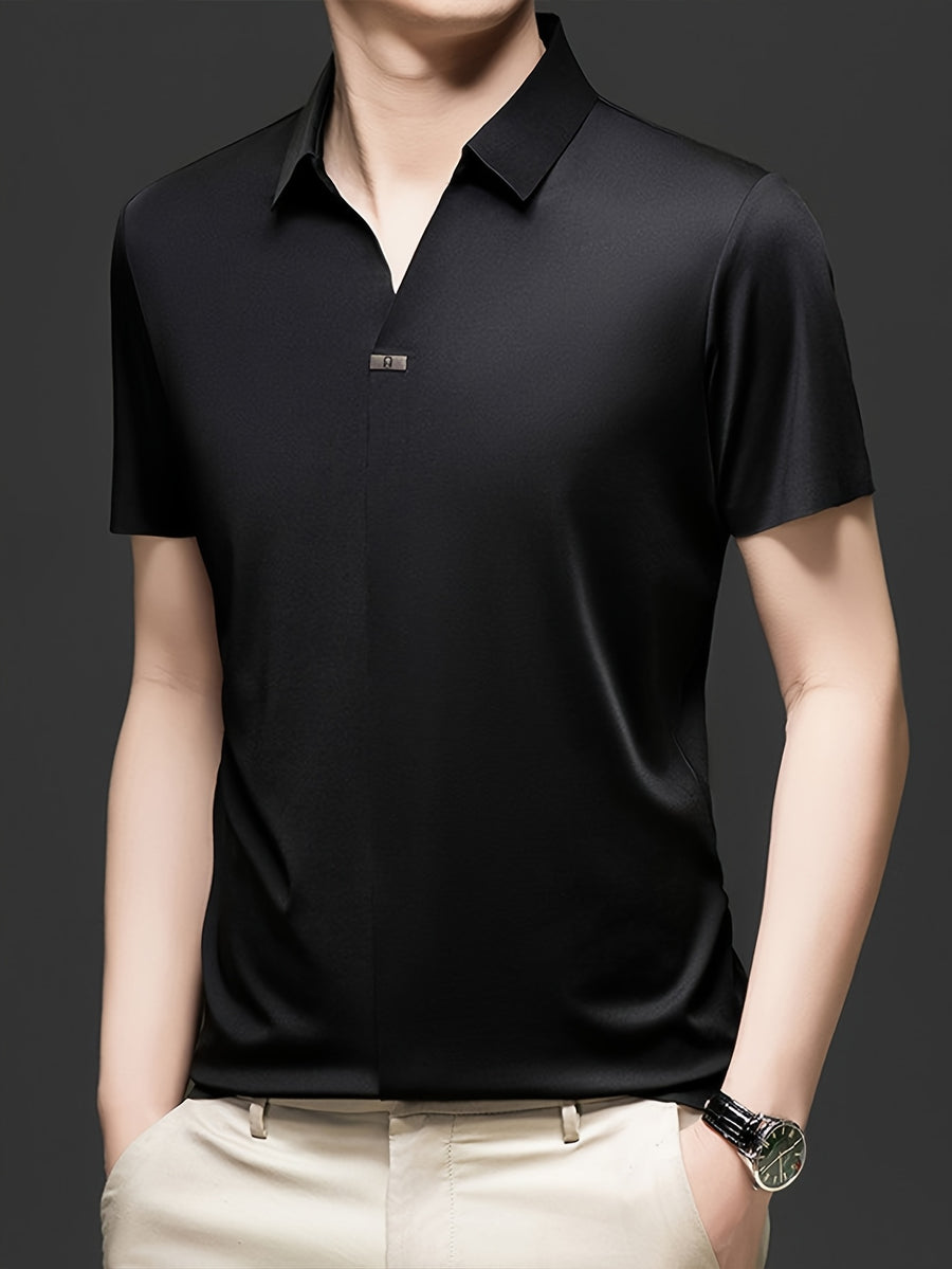 Summer New Men'S Short Sleeve Shirt Outerwear Fashion Trendy All-Match V-Neck Polo Collar - SINBOS - Black
