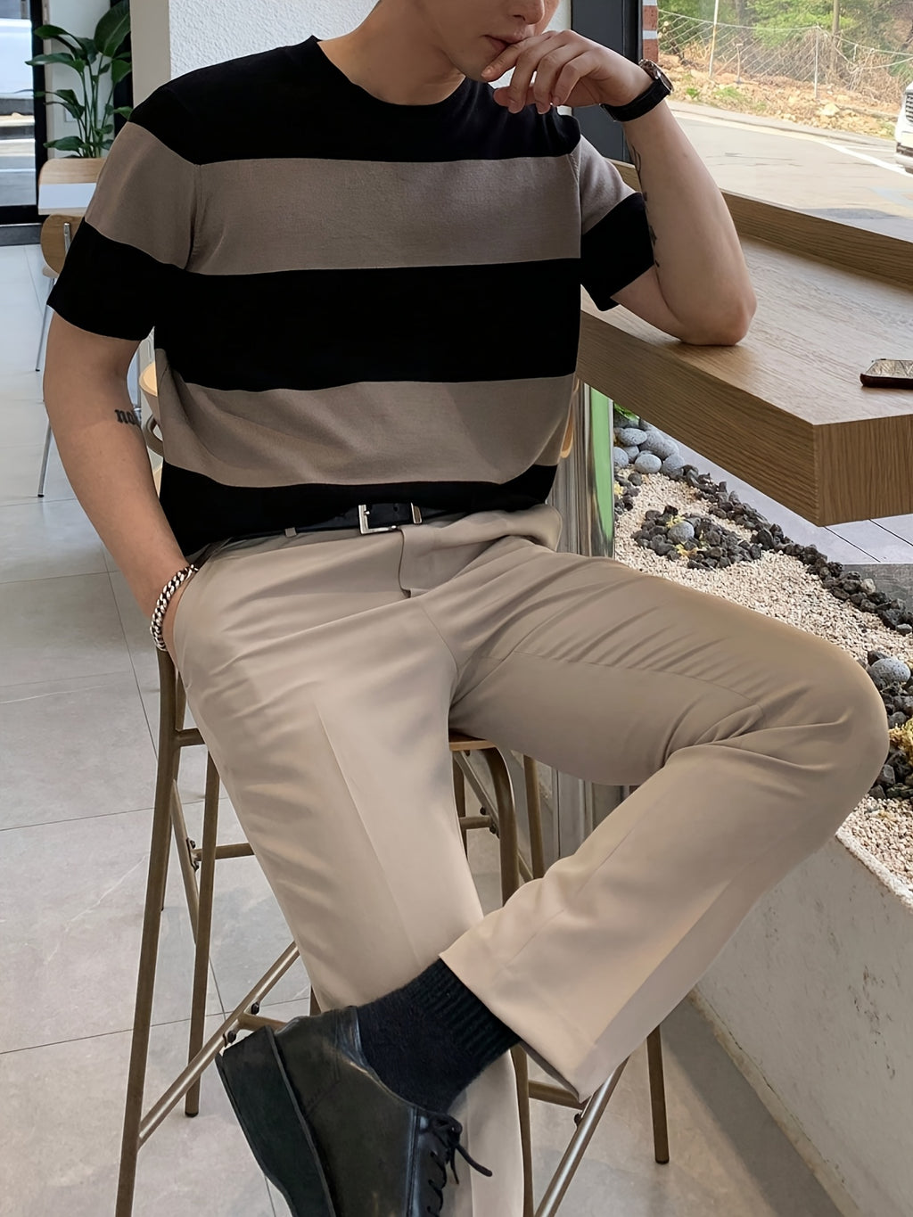 Men'S Premium Textured Striped Crew Neck Knit Sweater | Easy Color Block Slim Fit Short-Sleeved Sweater | European And American Minimalist Style Everyday Versatile Knit T-Shirt - Mixed colors