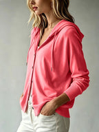 Women's Casual Hooded Cardigan, Button-Up Long Sleeve Top, Lightweight Loose Hooded Outerwear, Suitable for Daily/Commute/Vacation Multi-Scene Wear, Gavin - Watermelon Powder