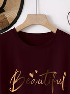 Spring Summer Easy Round Neck Fashion Loose Versatile Casual Short Sleeve T-Shirt Heart Letter Women'S Top Pattern - Burgundy