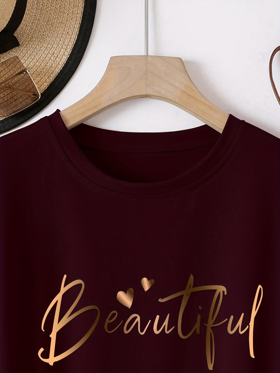 Spring Summer Easy Round Neck Fashion Loose Versatile Casual Short Sleeve T-Shirt Heart Letter Women'S Top Pattern - Burgundy