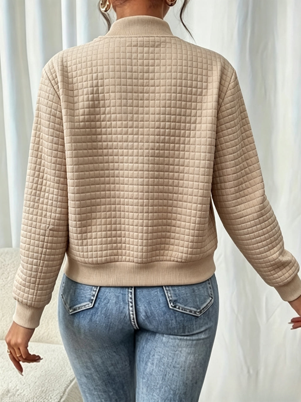 Easy Temperament Checkered Embossed Jacket, Casual All-Match Commute Loose Short Stand-Up Collar Coat Women'S - Camel