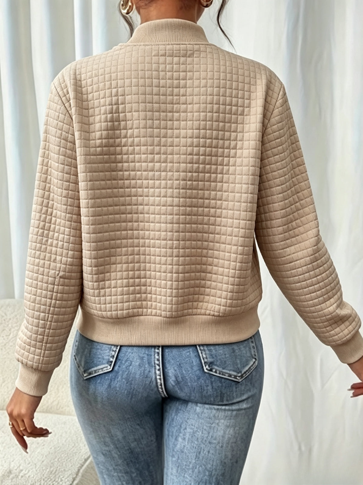 Easy Temperament Checkered Embossed Jacket, Casual All-Match Commute Loose Short Stand-Up Collar Coat Women'S - Camel