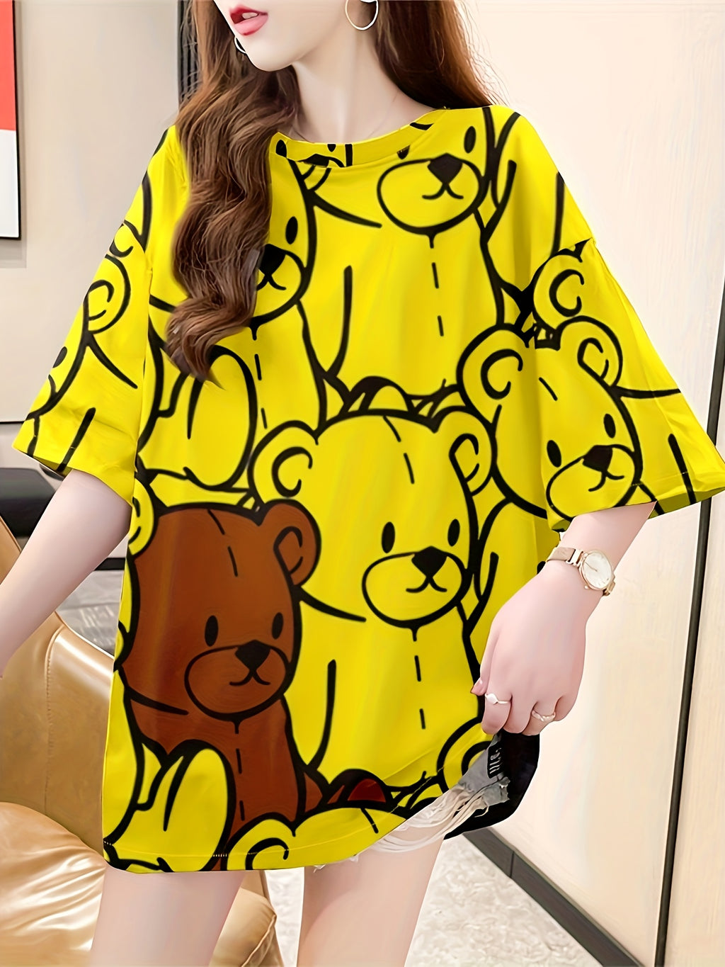 Summer New Large Size Loose Fashion Trend Slim Cartoon Round Neck Print Ladies Women'S Medium And Long Short-Sleeved T-Shirt Clothes - Yellow