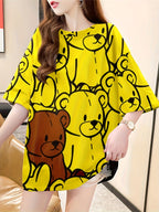 Summer New Large Size Loose Fashion Trend Slim Cartoon Round Neck Print Ladies Women'S Medium And Long Short-Sleeved T-Shirt Clothes - Yellow