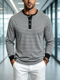 Men's Striped Henley Neck Long Sleeve T-Shirt, Fall Casual 3 Buttons Commuter Basic Shirt - Light Grey