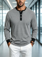 Men's Striped Henley Neck Long Sleeve T-Shirt, Fall Casual 3 Buttons Commuter Basic Shirt - Light Grey