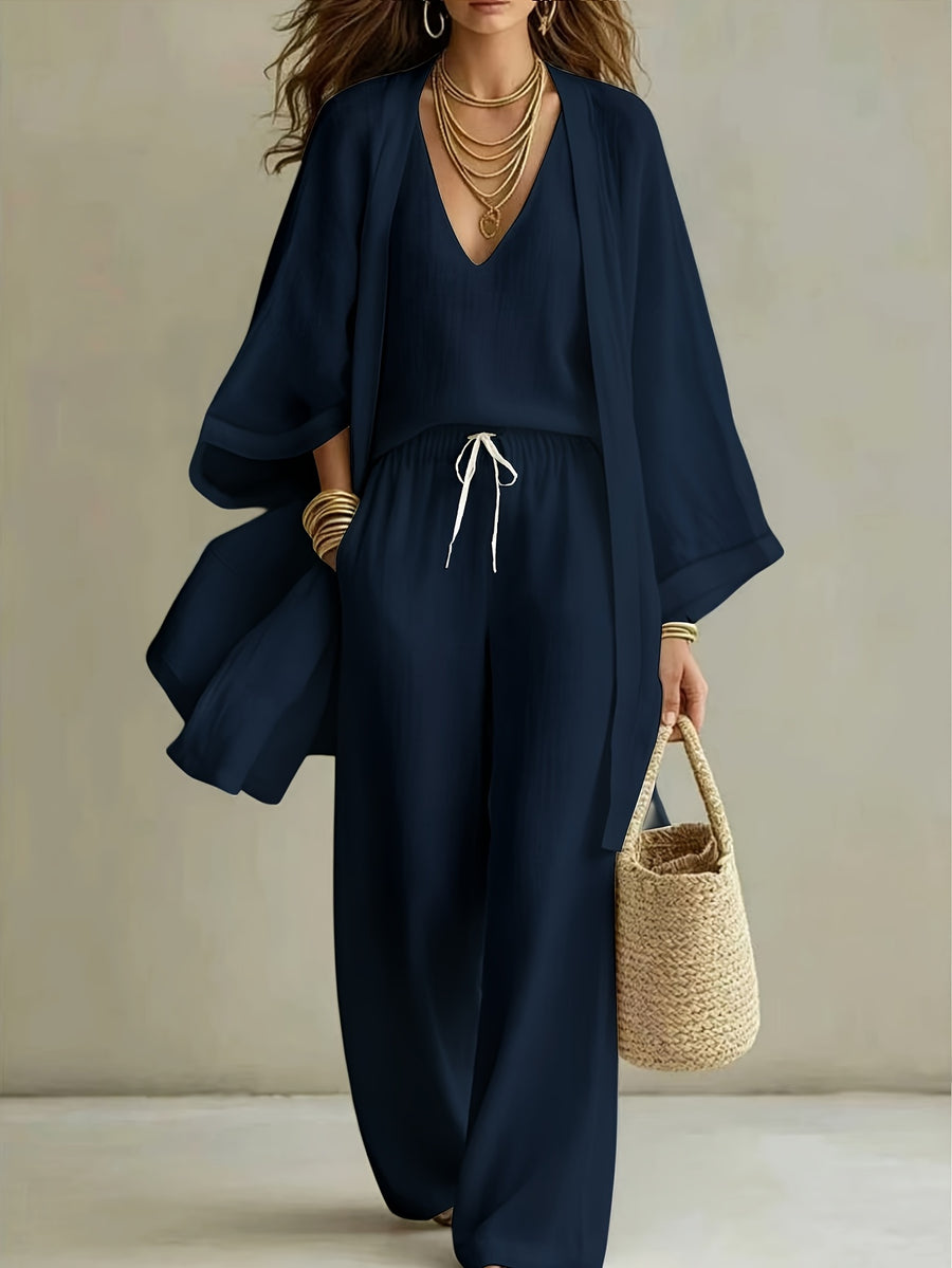 3pcs Set, Women's Spring/summer Vacation-style Loose Spaghetti Strap Tank Top with Cardigan and Loose Wide-leg Pants Casual Set, Elegant and Fashionable, Comfortable and Casual, Suitable for Commuting Wear - Navy Blue