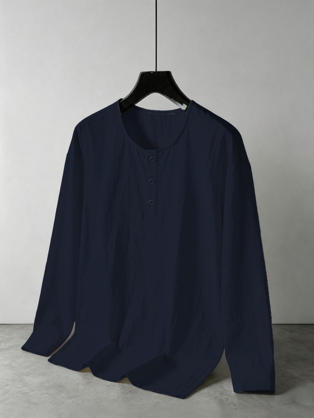Men's Summer Linen Long Sleeve Shirt, Breathable Round Neck, Loose Fit. Suitable for Daily Casual, Beach Vacation or Yoga Sports, Also a Great Valentine's Day Gift for Him. - Navy Color
