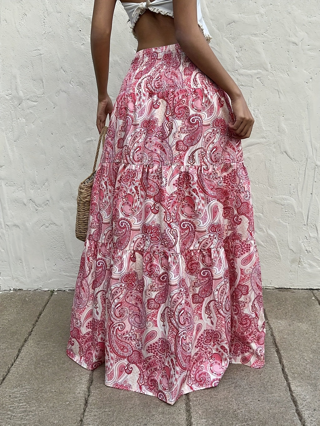 Women's Bohemian Summer Dress - Gypsy Print Maxi Skirt - High Waist, Flared A-Line with Geometric Pattern, Slim Fit Long Flowy Hem for Elegant Casual Beach and Outdoor Outfits - Pink