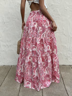 Women's Bohemian Summer Dress - Gypsy Print Maxi Skirt - High Waist, Flared A-Line with Geometric Pattern, Slim Fit Long Flowy Hem for Elegant Casual Beach and Outdoor Outfits - Pink