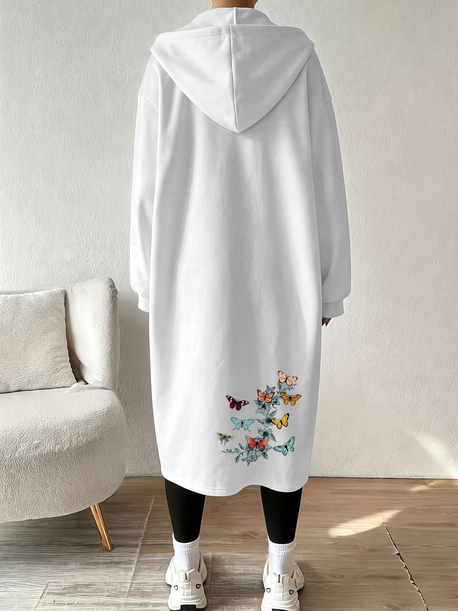 Women's Fashion Color-Block Zip-Up Jacket with Various Butterfly Pattern Prints - White