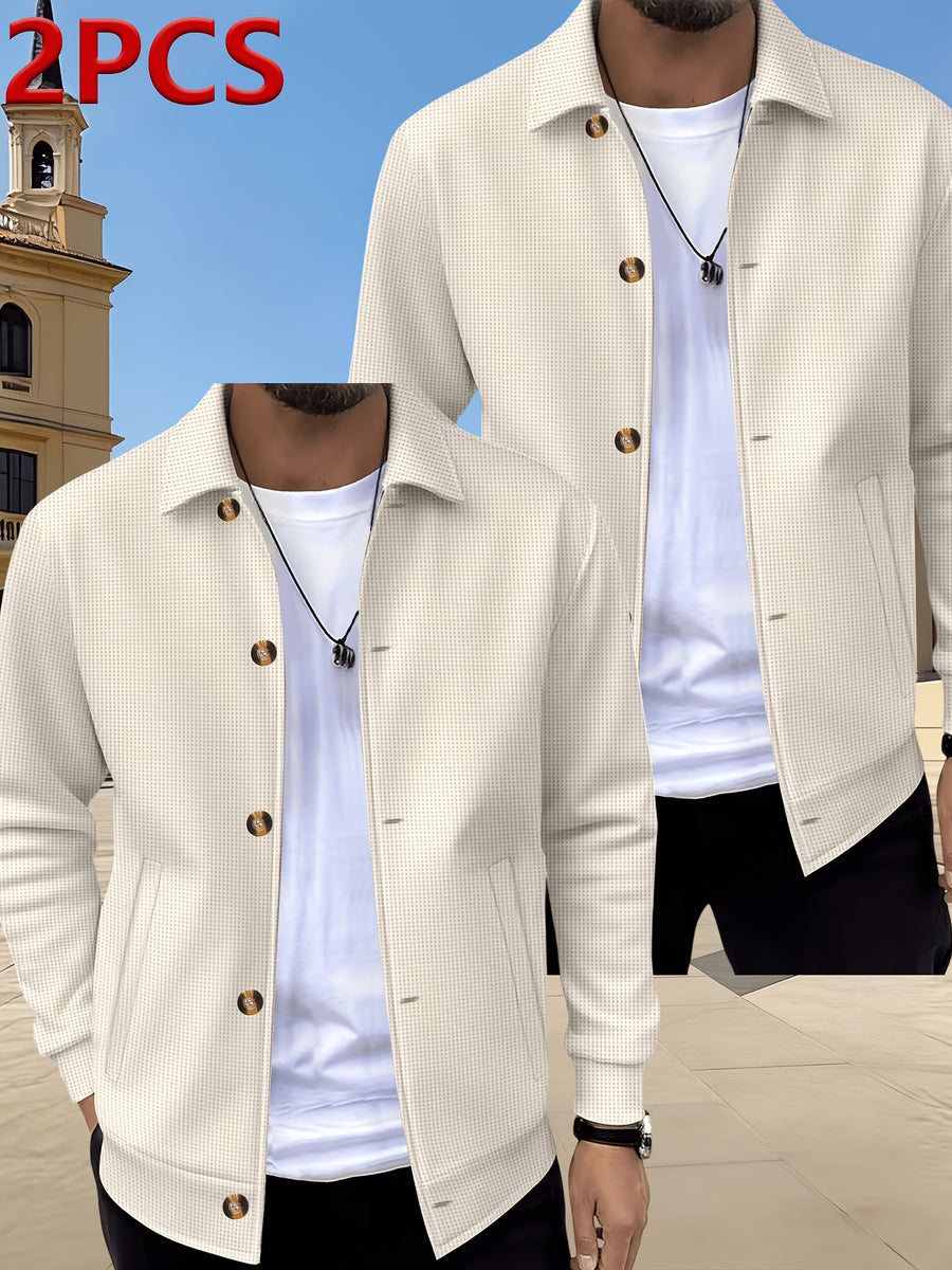 [Pearson OBM] Spring/Autumn Men'S Casual Knit Jacket, Waffle Collar Button-Up Cardigan Jacket, Daily Commute Versatile Men'S Wear 2pcs Set, 2026 New Style Fashionable Versatile Style - Beige+Beige
