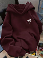 D92-One-Piece Loose Hooded Sweatshirt, Valentine's Day Fashion Casual Sweatshirt Outfit, Trendy Cute Heart Pattern Print, Spring and Autumn, Women's L16325 - Deep Red