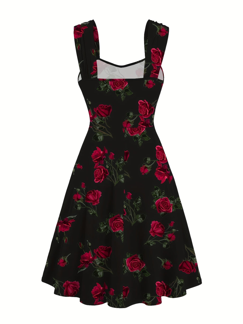 Elegant Casual Dress with a Rose Print, Front Pleats, Cross Wide Shoulder Straps, And Off-Shoulder Design - Black