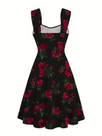 Elegant Casual Dress with a Rose Print, Front Pleats, Cross Wide Shoulder Straps, And Off-Shoulder Design - Black