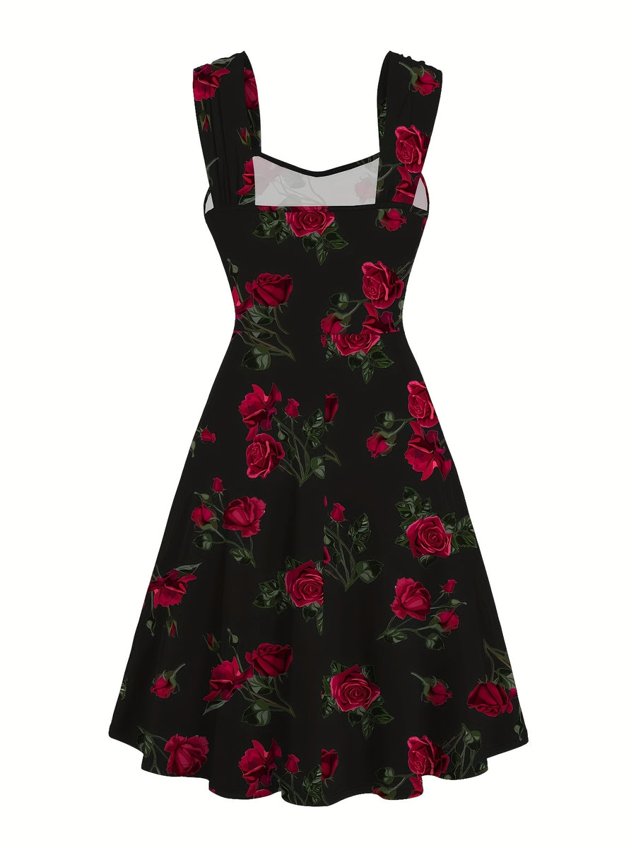 Elegant Casual Dress with a Rose Print, Front Pleats, Cross Wide Shoulder Straps, And Off-Shoulder Design - Black