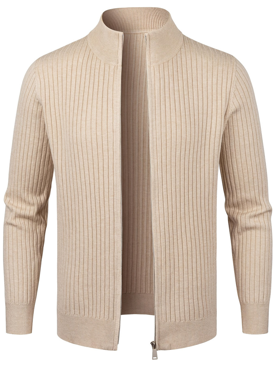 2026 Spring/Fall New Men'S Knitted Rib-Striped Zip-Up Cardigan | Stand Collar, Medium Stretch Fabric, Long Sleeve, Casual And Versatile Fit Minimalist Layering - Apricot