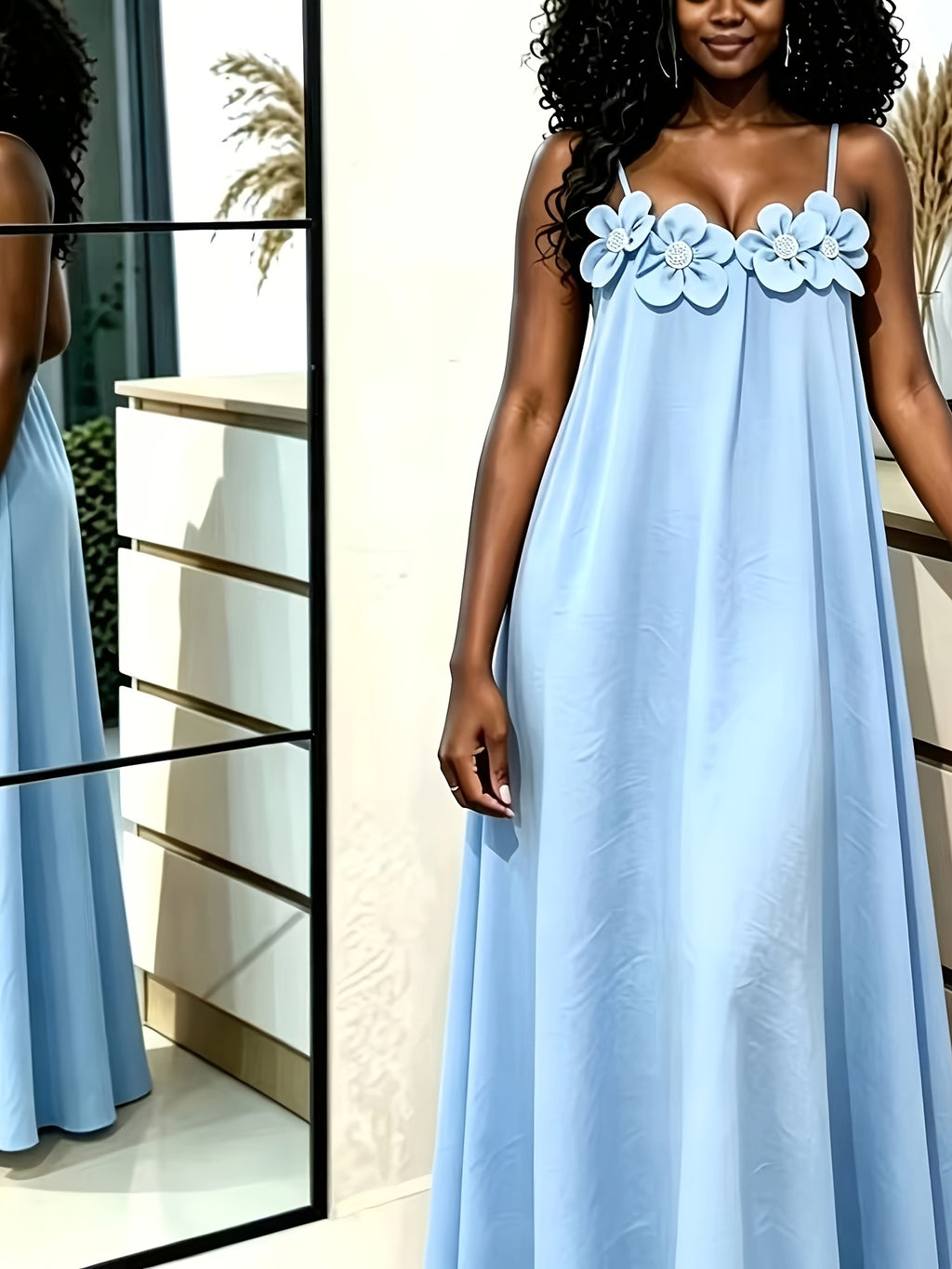 New Outing Party French Heavy Embroidery 3D Floral Sleeveless Cami Dress Loose Long Backless Vacation Light Dress - Light Blue