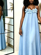 New Outing Party French Heavy Embroidery 3D Floral Sleeveless Cami Dress Loose Long Backless Vacation Light Dress - Light Blue