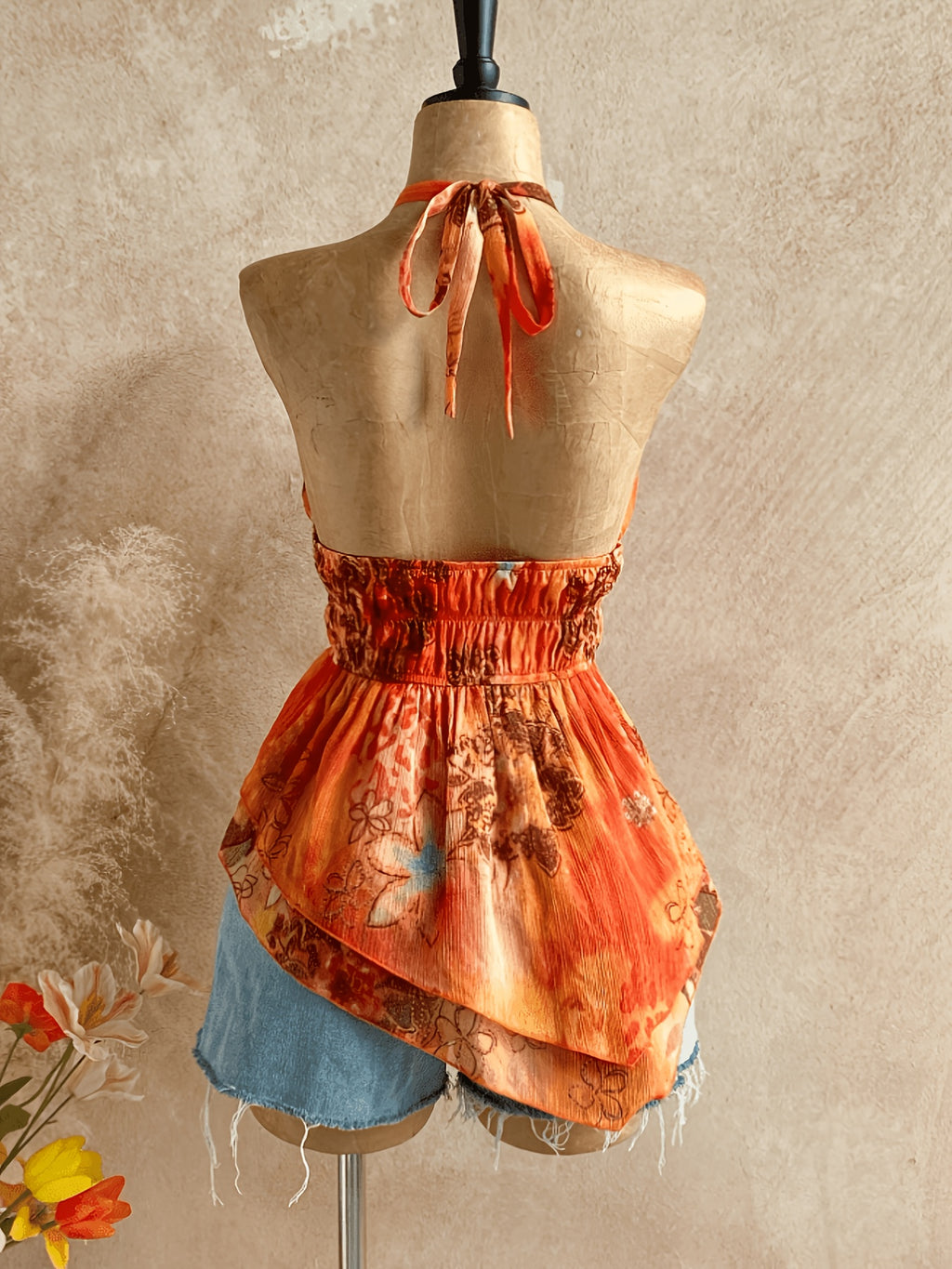 Women' Bohemian Halter Neck Vest Top - Tropical Backless Asymmetrical Hem Exposed Waist Style Suitable for Vacation, Festival Outfits, Beachwear, Spring Break Dates - Machine Washable Non- - Orange