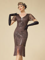 1920S Vintage Sequin Skirt Gatsby Ball Fringe Dress Party Evening Dance Dress Sequined Gown (Dress Solely, No Gloves) - Coffee Color