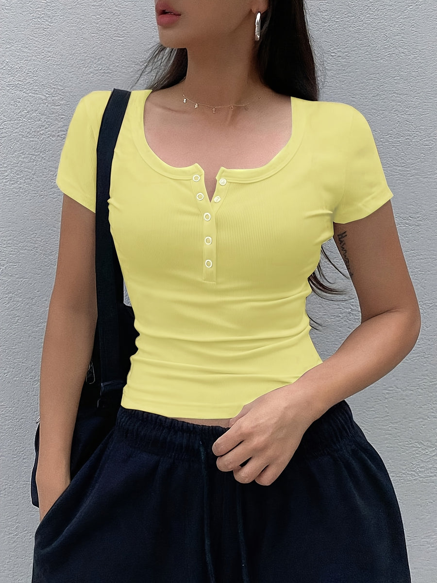 Women's Solid Color Low-Neck Short Sleeve - Yellow