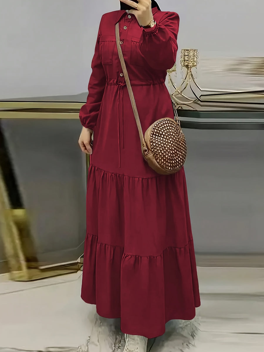 A Solid Color Long-Sleeve Dress for Women with a Fitted Waist, Tie Detail, And Ruffled Hem - Burgundy