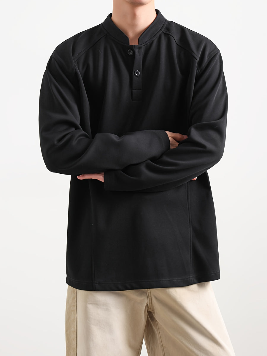 Men'S Casual Athletic T-Shirt, 1pc Men'S Fashion Trendy Casual Individual Patchwork Long Sleeve T-Shirt, Loose Fit Comfortable Slight Stretch Fabric, Blend Material, Suitable for Daily Casual Wear - Black